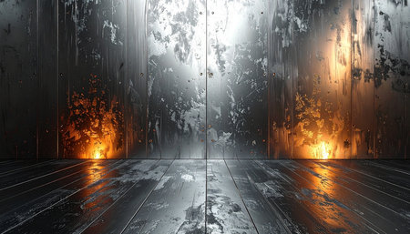 Wooden room with burning fire. 3D rendered Illustration.の素材