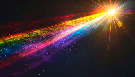 abstract rainbow background with rays of light and lens flare. 3d illustrationの素材