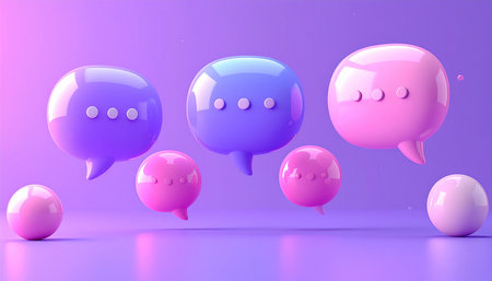 3d rendering of pink and purple balloons with speech bubbles on violet backgroundの素材