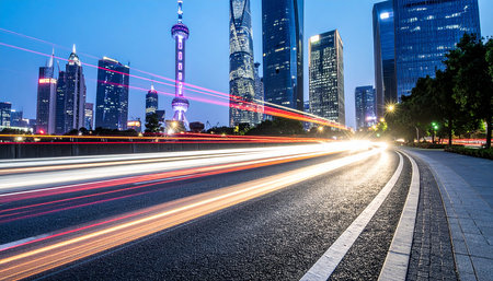 the light trails on the modern building background in shanghai china.の素材
