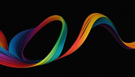 abstract rainbow color curved lines on black background, 3d renderの素材