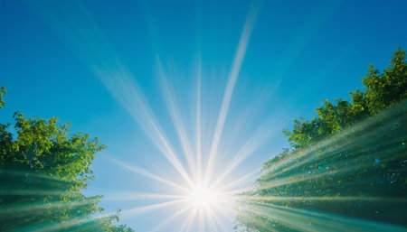 Sunset over the lake with lens flare effect. Nature background.の素材