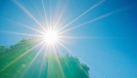 Sunny blue sky with sunbeams and green trees. Nature backgroundの素材