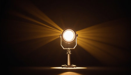 Spotlight on a black background with light rays and lens flare.の素材