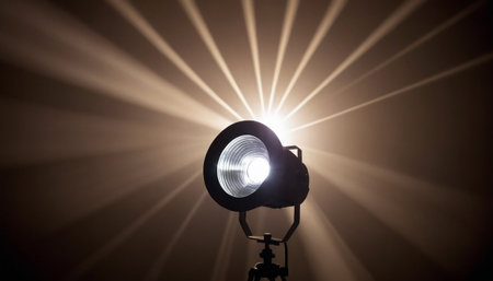 Spotlight on a tripod with rays of light on a dark backgroundの素材