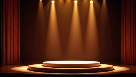 Stage podium with lighting, Stage Podium Scene with for Award Ceremony illuminated by spotlight.の素材