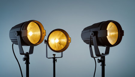 Studio lighting equipment on a blue background. 3d render illustration.の素材