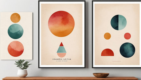 Poster mockup design with geometric shapes on wooden shelf. 3D renderingの素材