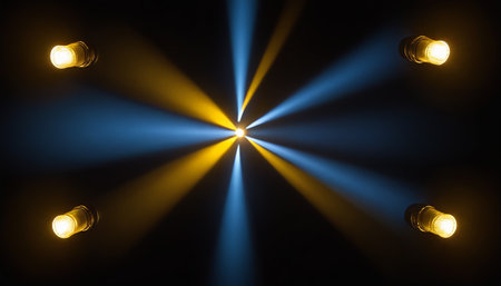 Stage lights on a black background. 3d rendering. Computer digital drawing.の素材