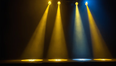 Stage lights on a dark background. The stage is illuminated by spotlights.の素材