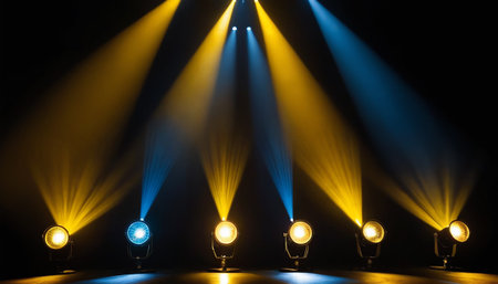 Stage lights on a dark background. Lighting equipment with spotlights.の素材