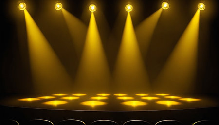 Spotlight on stage with spotlights. 3D illustration. Yellow stage background.の素材