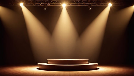 Stage Podium Scene with for Award Ceremony illuminated with spotlight. Award ceremony concept. Stage backdrop.の素材