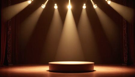 Stage podium illuminated with spotlight. Award ceremony concept. 3D Renderingの素材