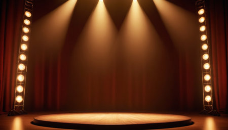 Stage with red curtains and spotlights, 3d render illustration backgroundの素材