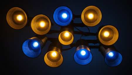 Blue and yellow LED light bulbs on dark background with copy space.の素材