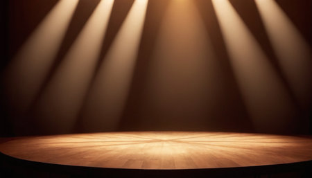 Empty wooden table in front of a stage lit by spotlights.の素材