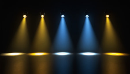Spotlights illuminate the stage in a dark room. 3D renderingの素材