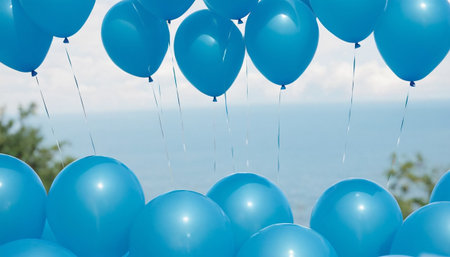 Blue balloons flying in the sky with sea and tree as background.の素材