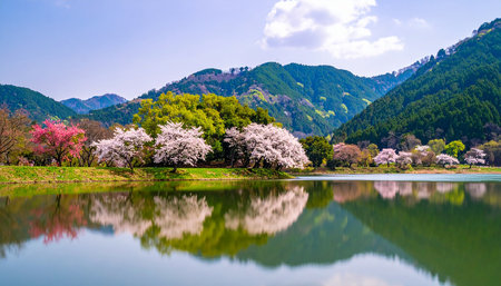 Cherry blossoms and lake in springtime, Nagano, Japanの素材