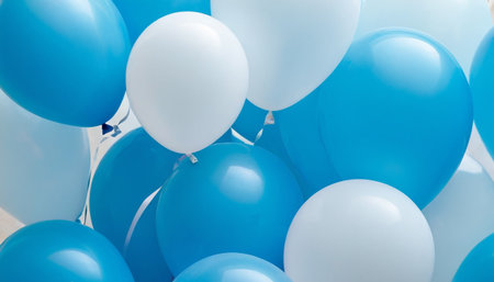 Blue and white balloons background. Birthday or party decoration. Celebration concept.の素材