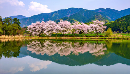 cherry blossom sakura in the lake with mountains in backgroundの素材