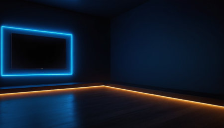 3D rendering of empty room with neon light. 3D renderingの素材
