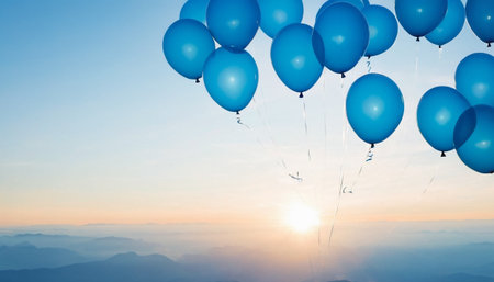 Blue balloons flying in the sky at sunset. 3D Renderingの素材