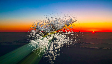 3D illustration of a volcano eruption at sunset with a view of the volcanoの素材