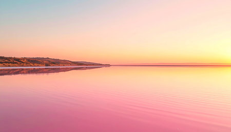 Sunset on the lake. Beautiful landscape with pink lake and sky.の素材