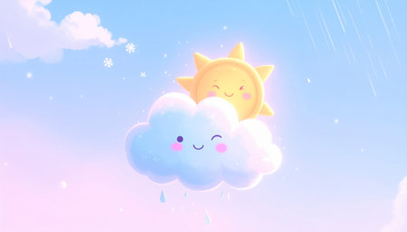 Illustration of a cute kawaii sun and cloud in the skyの素材