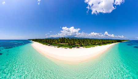 Aerial view of beautiful tropical island with white sand beach and coconut palm treeの素材