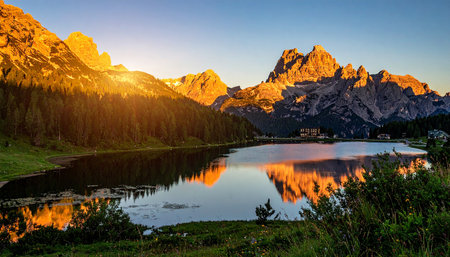 Sunset on the lake Misurina, Dolomites, Italyの素材