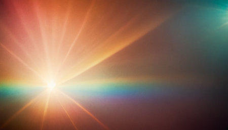 Sunset with lens flare and rainbow. Colorful abstract background.の素材