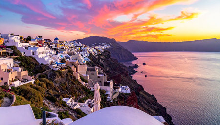 Sunset over Oia village on Santorini island, Greece.の素材