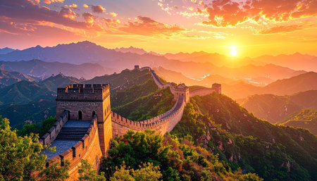 Majestic Great Wall of China at sunset,panoramic viewの素材