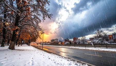 Winter cityscape with snow covered trees and road at sunset, Moscow, Russiaの素材