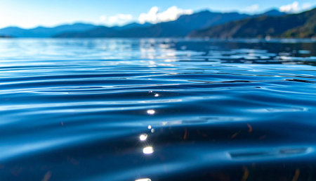Water surface with reflection of mountains and blue sky. Natural background.の素材