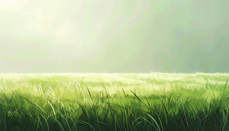 Illustration of a green meadow with grass and sky in the backgroundの素材