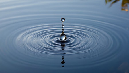 Water drop falling into water with ripples and ripples on the surfaceの素材