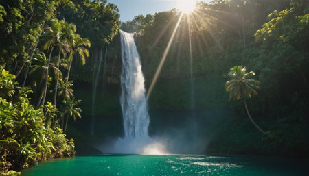 Tropical waterfall with sunbeams and palm trees in backgroundの素材