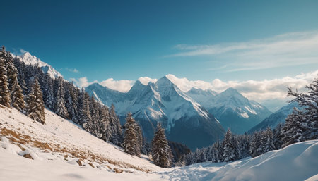 Winter mountains panorama with snow covered fir trees and blue sky.の素材