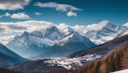 panoramic view of snowy mountains in winter. Caucasus, Russiaの素材