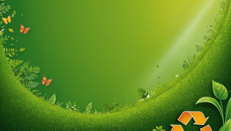 Green grass background with butterflies and space for text. Vector illustration.の素材