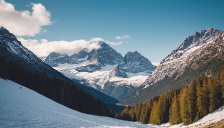 Mountain landscape with snow and coniferous forest in the Swiss Alpsの素材