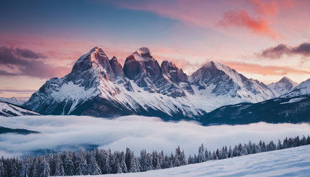 Sunset in the snowy mountains of the Dolomites, Italyの素材