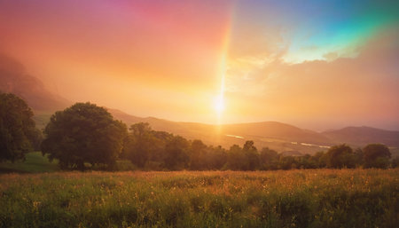 Beautiful summer landscape with meadow and forest at sunset. Panoramaの素材