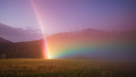 Rainbow over the meadow in the Carpathian mountains.の素材