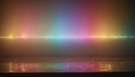 colorful light beam on wood table and blur background with bokehの素材