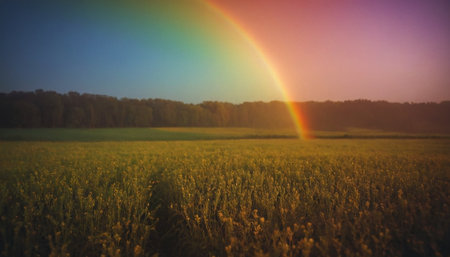 Rainbow over a field in the morning. Beautiful nature background.の素材